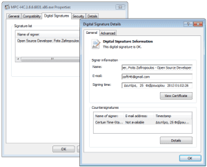 Windows Explorer Properties Signature tab